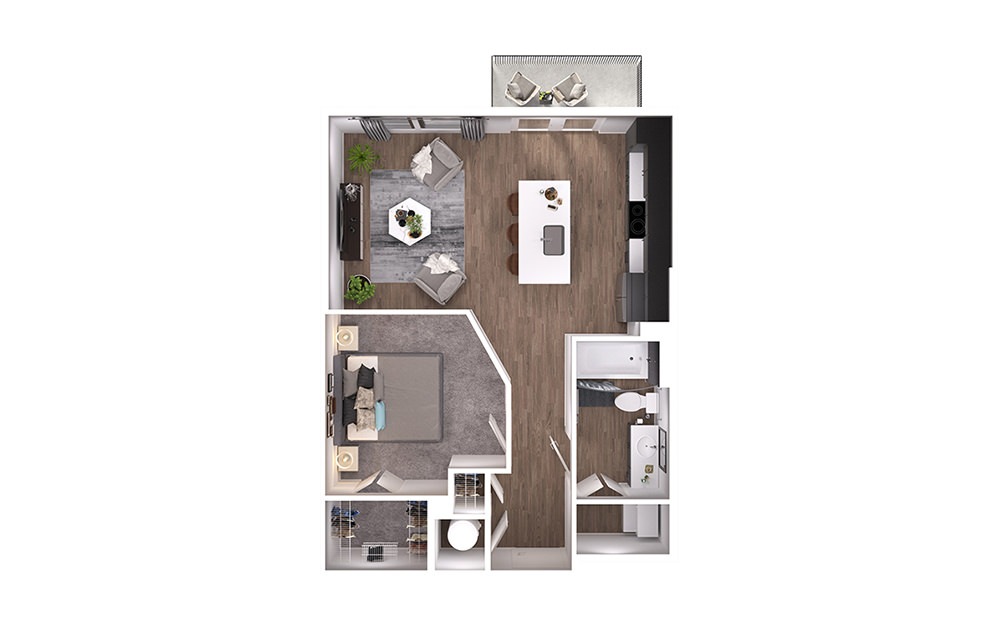 A1p - 1 bedroom floorplan layout with 1 bathroom and 632 square feet (3D)