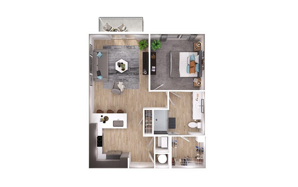 A2p - 1 bedroom floorplan layout with 1 bathroom and 725 square feet (3D)