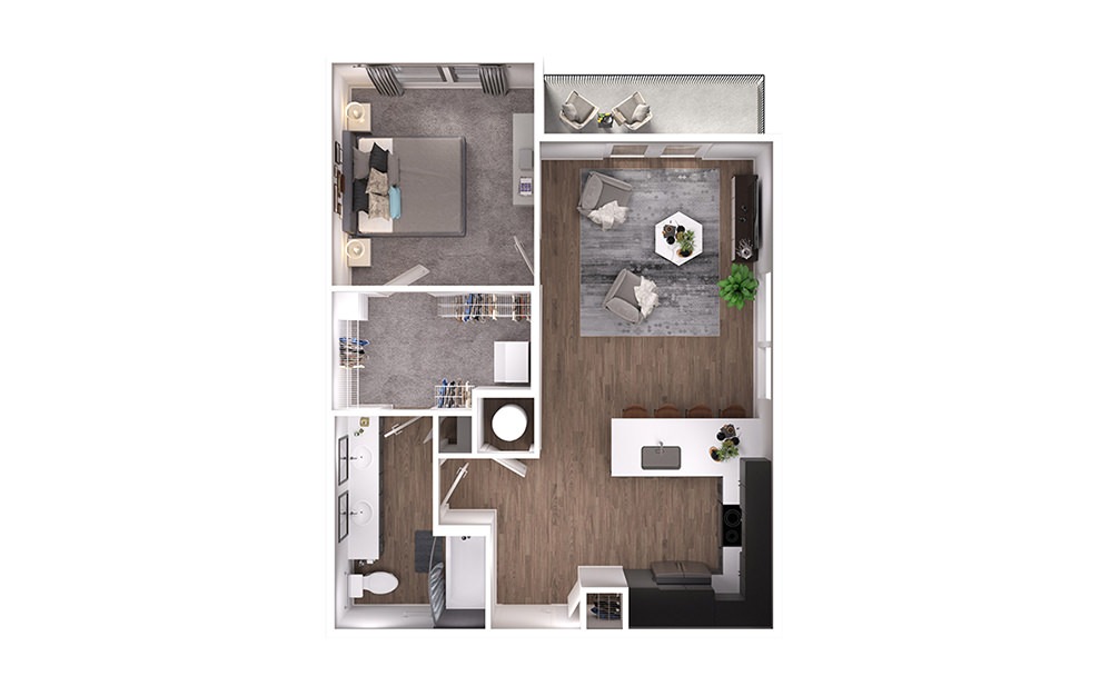 A3p - 1 bedroom floorplan layout with 1 bathroom and 743 square feet (3D)