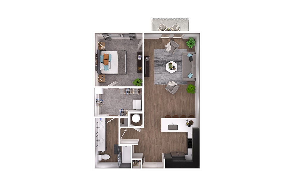 A5p - 1 bedroom floorplan layout with 1 bathroom and 800 square feet (3D)