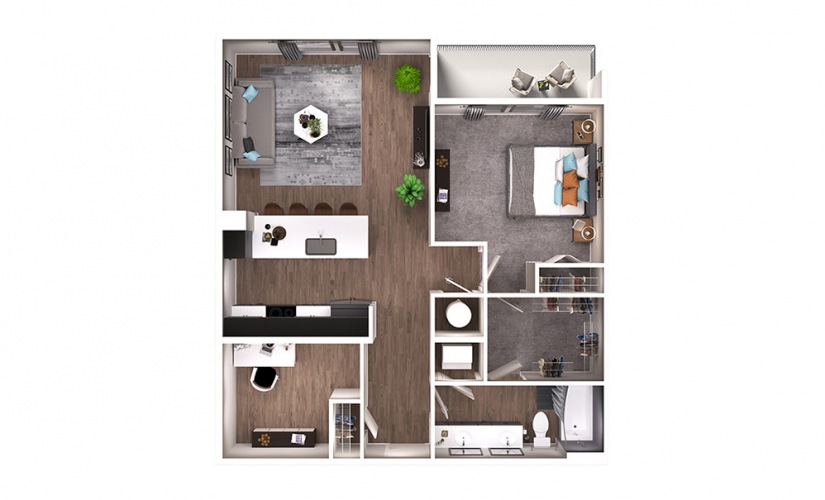 A7D - 1 bedroom floorplan layout with 1 bathroom and 925 square feet