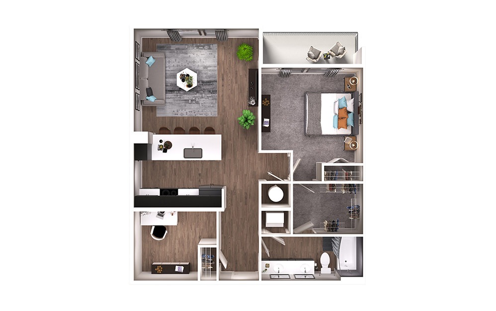 A7D - 1 bedroom floorplan layout with 1 bathroom and 925 square feet (3D)