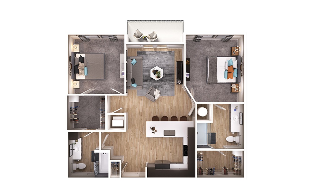 B1 - 2 bedroom floorplan layout with 2 bathrooms and 1093 square feet (3D)