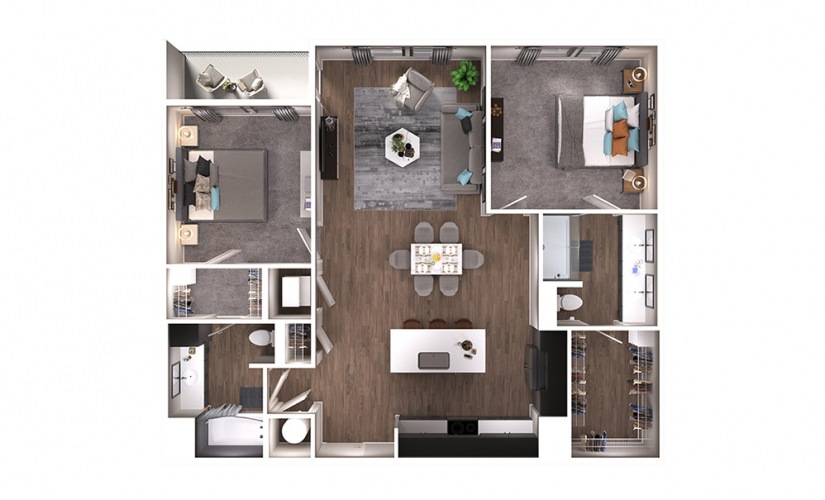 B2 - 2 bedroom floorplan layout with 2 bathrooms and 1166 square feet