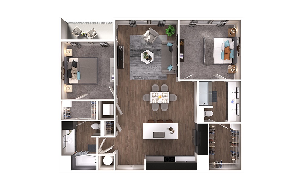 B2 - 2 bedroom floorplan layout with 2 bathrooms and 1166 square feet (3D)