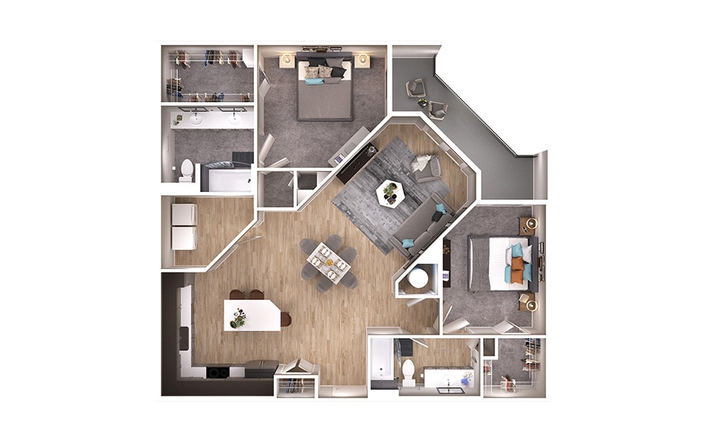 B3 - 2 bedroom floorplan layout with 2 bathrooms and 1231 square feet (3D)