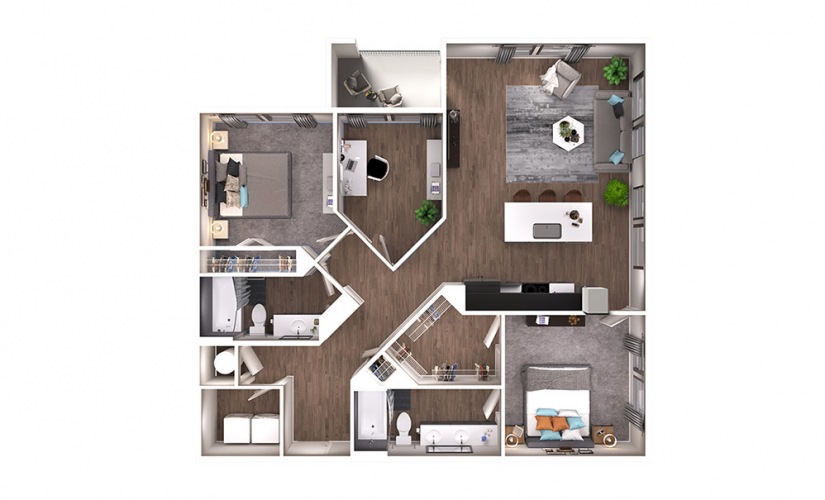 B4D - 2 bedroom floorplan layout with 2 bathrooms and 1273 square feet