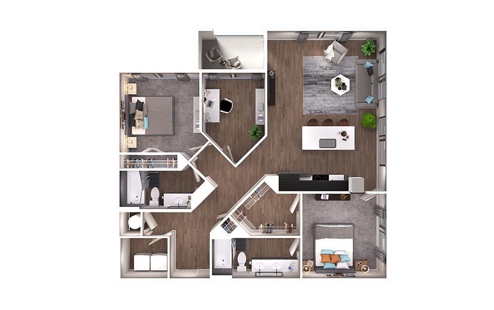 B4D - 2 bedroom floorplan layout with 2 bathrooms and 1273 square feet (3D)