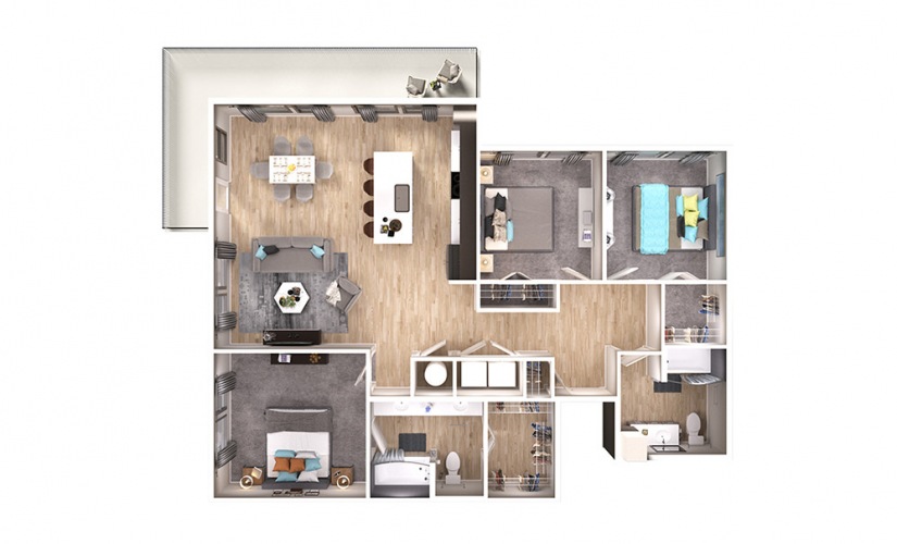 C1 - 3 bedroom floorplan layout with 2 bathrooms and 1367 square feet